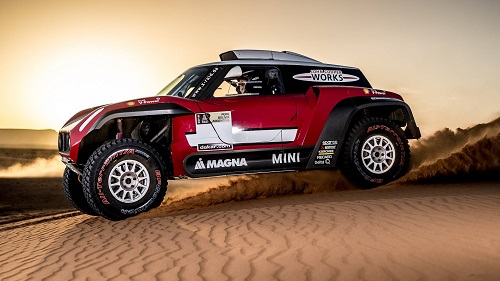 <img src= "dakar_rally_car.jpg" alt= "a mini-cooper built to take on the Dakar rally pauses on the sand dunes" />